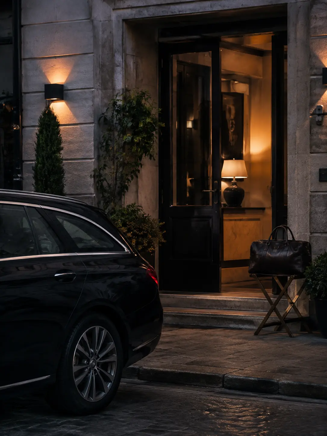 A discreet arrival outside a warmly lit stone hotel