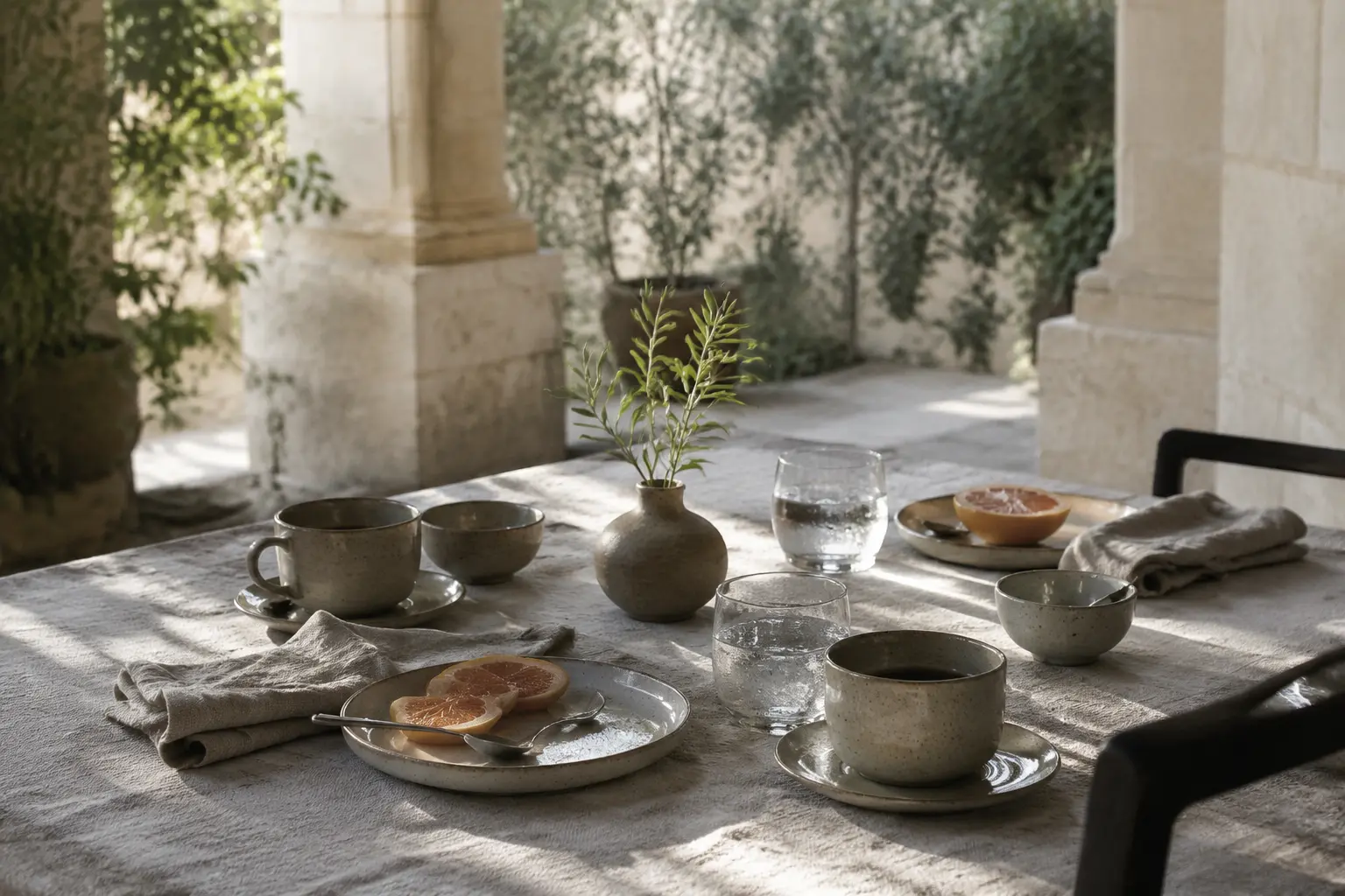 A quiet breakfast table prepared on a shaded stone terrace